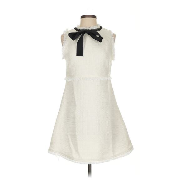 Ivory White Black Ribbon Neck Tweed Mini Sleeveless Dress Small - Picture 2 of 3